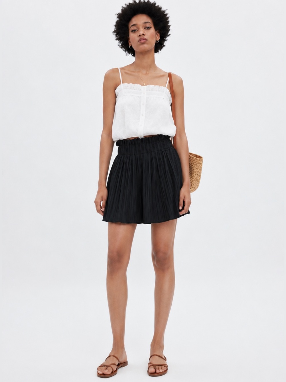 ZARA Black Pleated Mini Skirt Paperbag Elastic waistband w/shorts underneath S